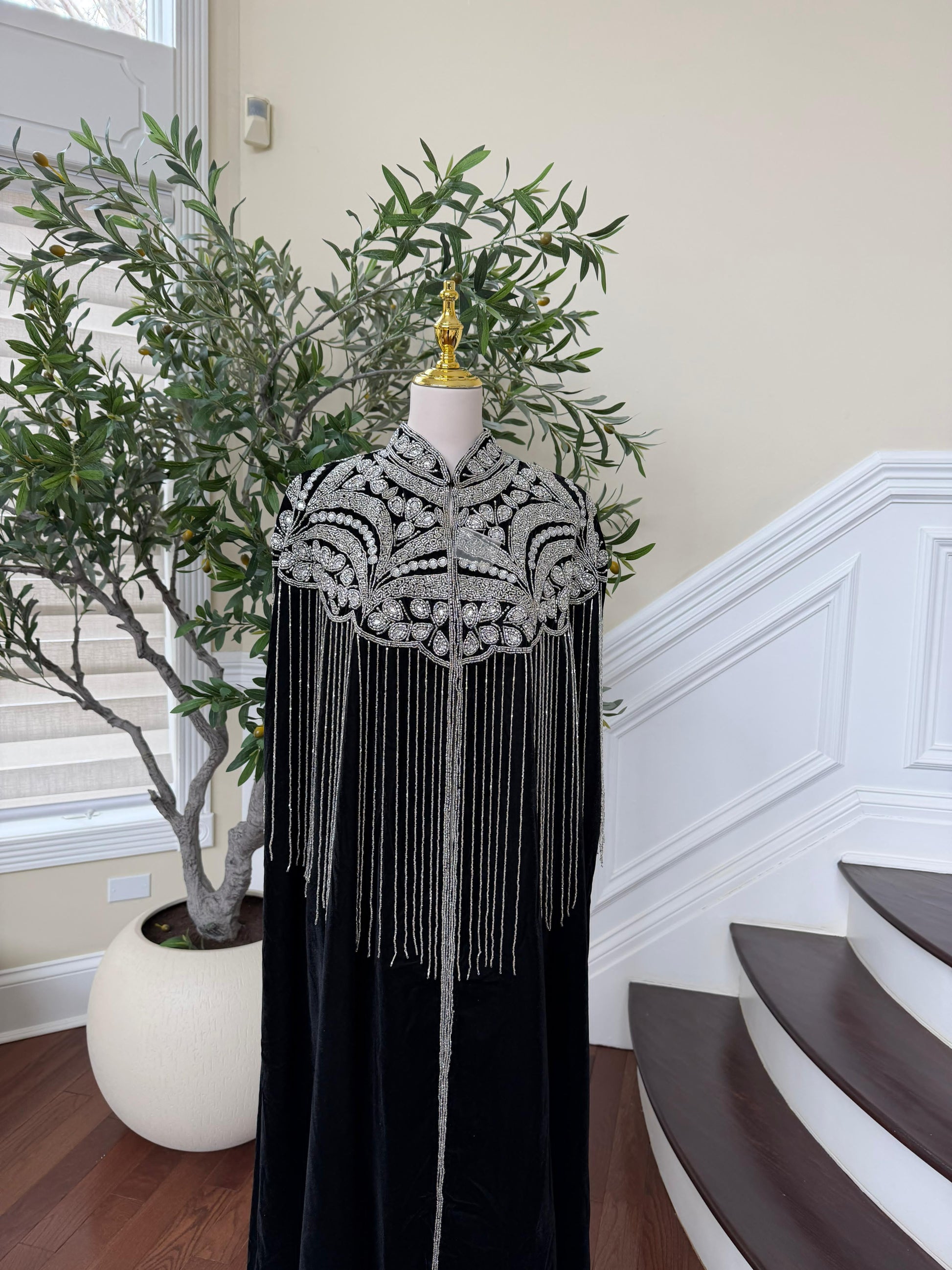 Velvet Black Beaded Stone Cardigan Abaya
