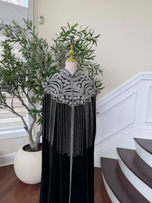 Velvet Black Beaded Stone Cardigan Abaya