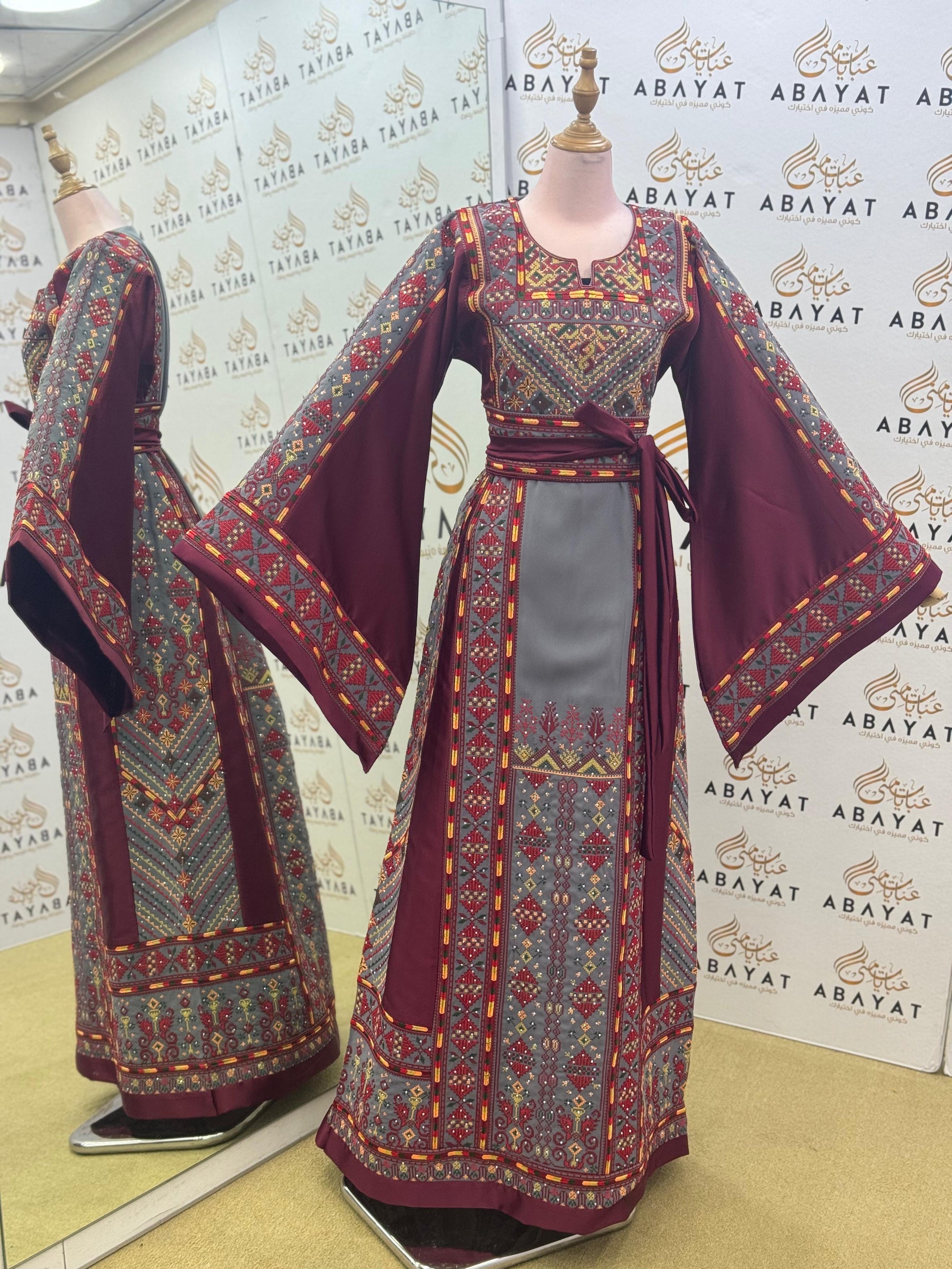Luxury Palestinian Embroidered Thobe – Burgundy & Grey Traditional Design