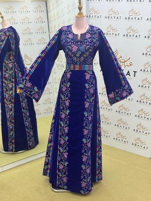 Premier Velvet Thobe With Wide Sleeves & Floral Tatreez
