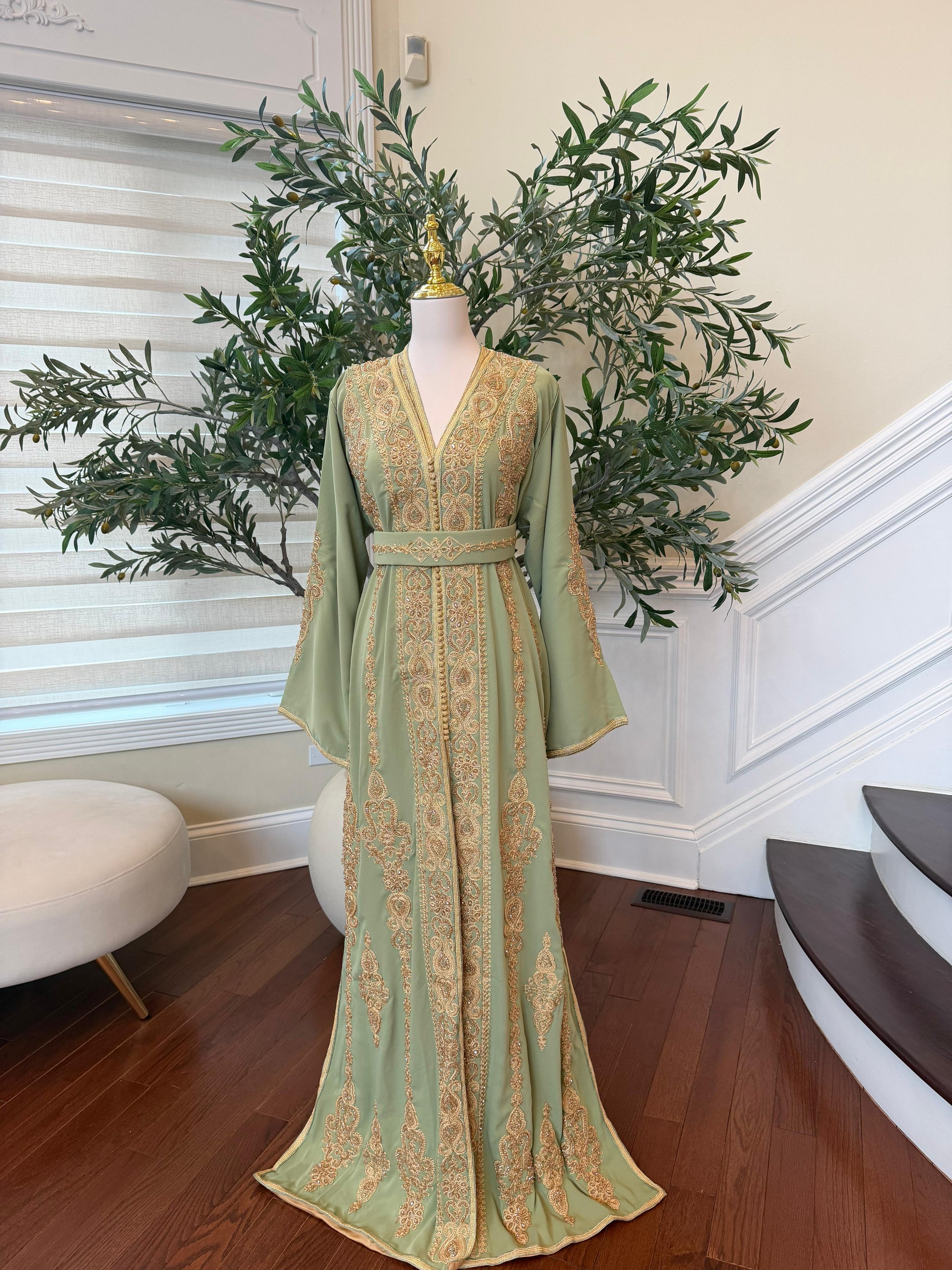 Sage Green Golden Embroidery Kuftan
