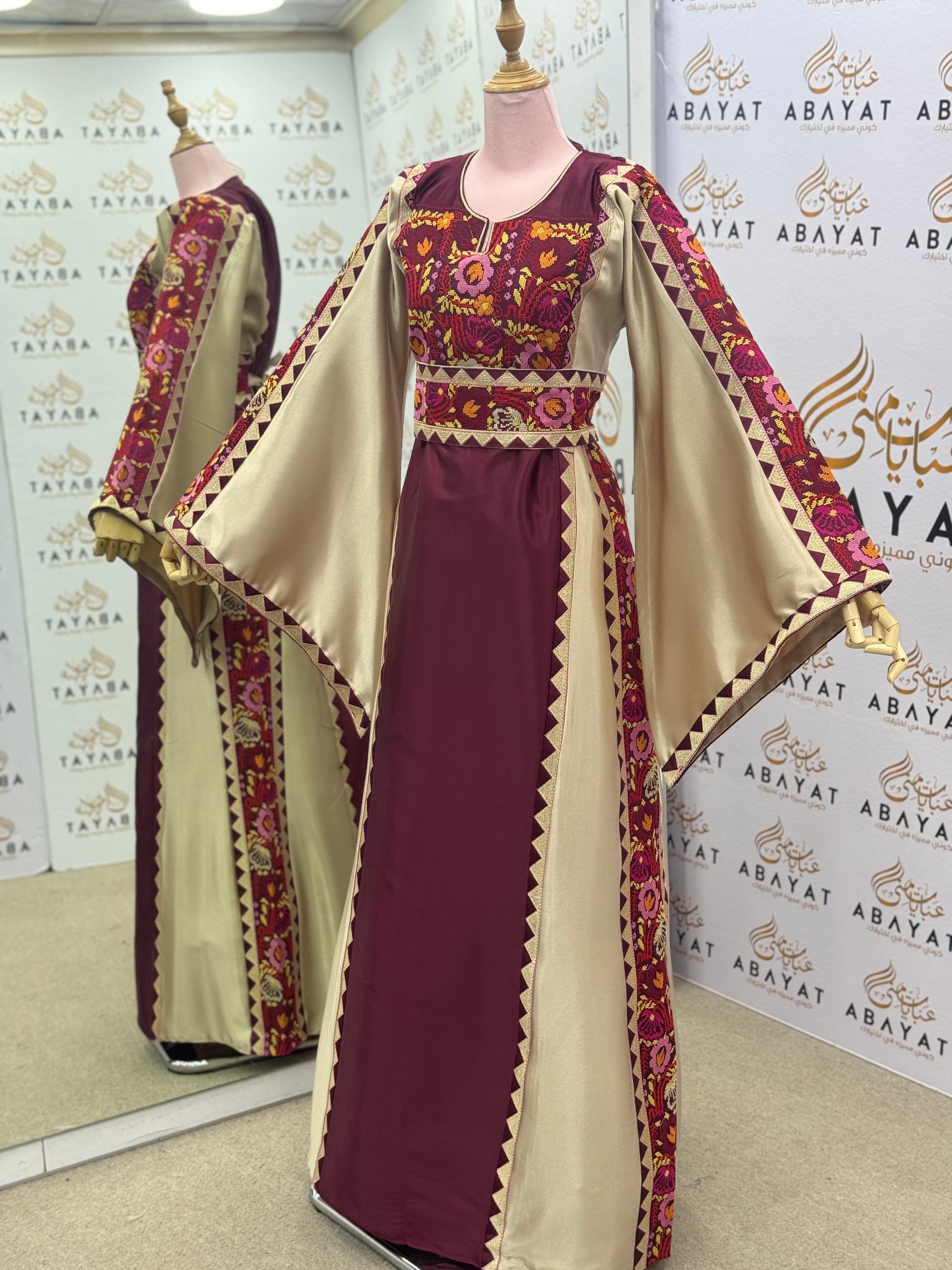 Burgundy & Champagne Palestinian Thobe – Embroidered Tatreez Maxi Dress