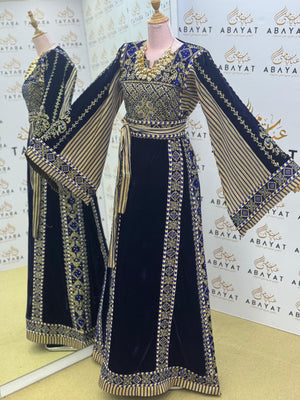 Premier Velvet Palestinian Thobe – Navy with Gold Detailing