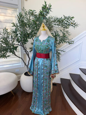 Elegant Sky Blue Satin Thobe with Intricate Green and Pink Floral Embroidery, Burgundy Belt(scarf not included)