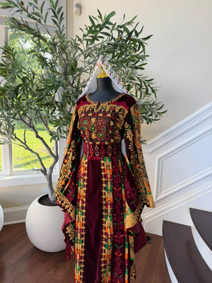 Burgundy Velvet Embroidery Tatreez Thobe