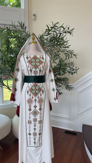 White Thobe Green Tatreez Elegance