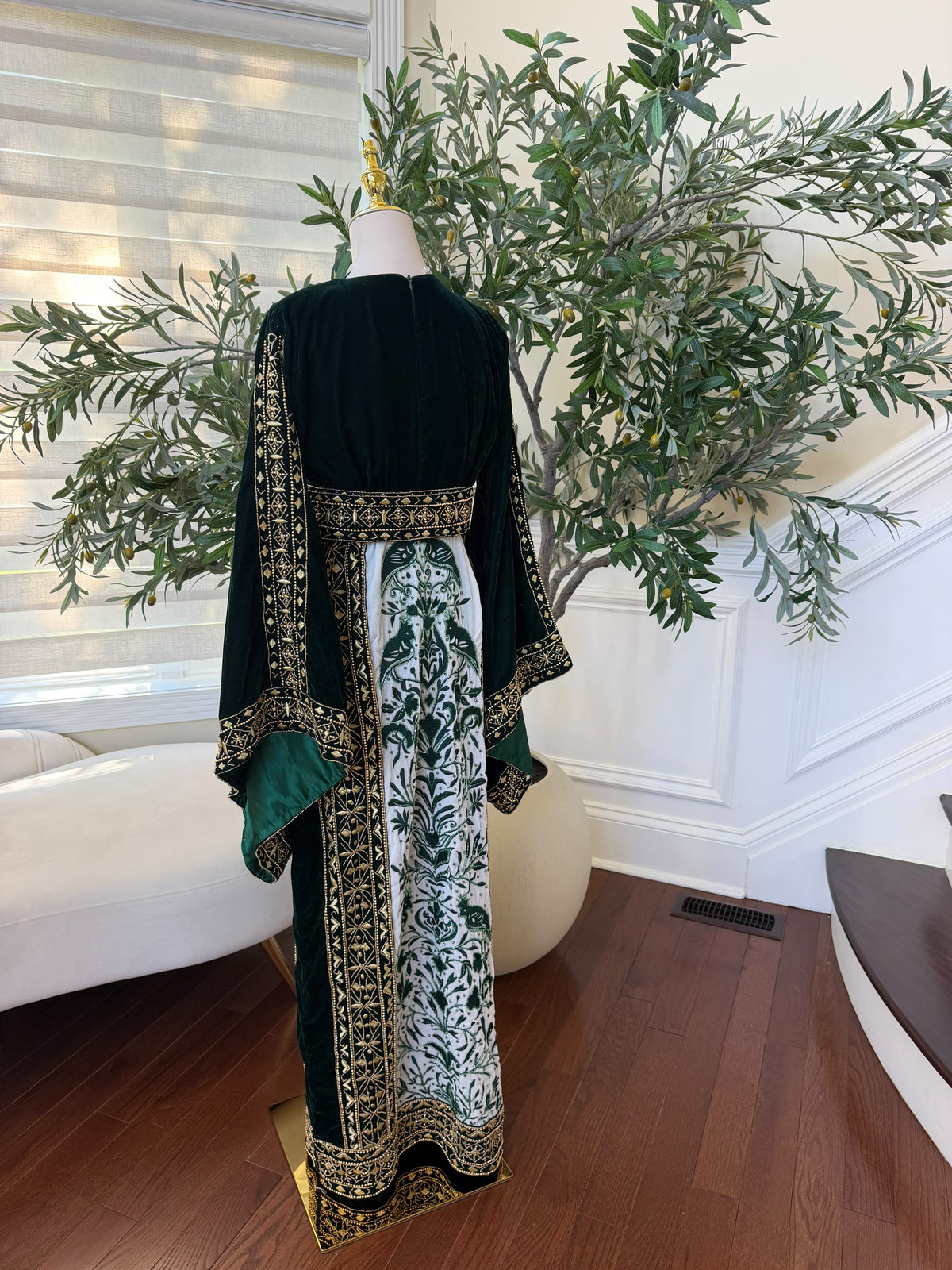 Elegant Black Velvet Thobe with Emerald Green Embroidery and Gold Detailing