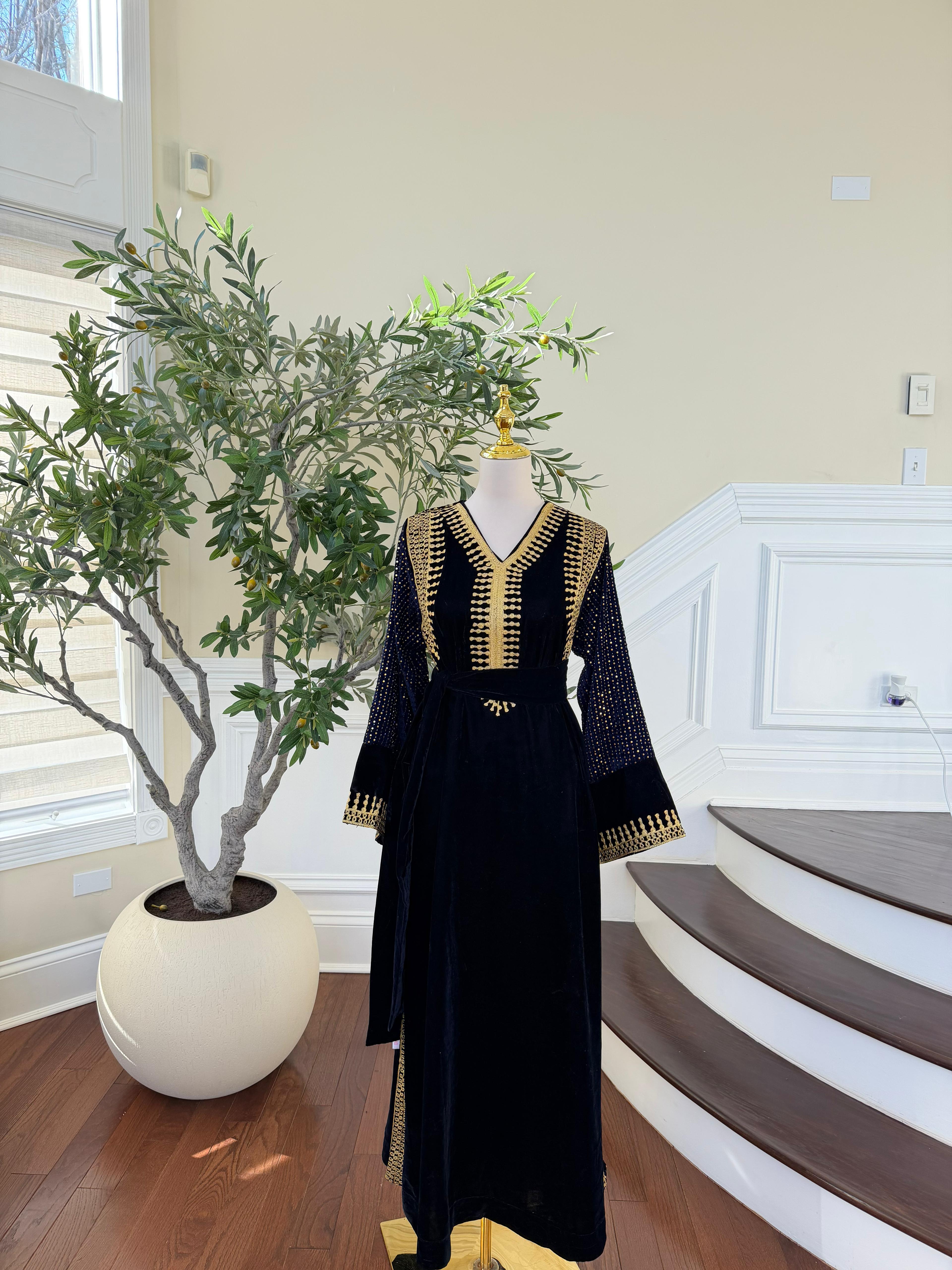 Navy Blue Velvet Celestial Gold Dress