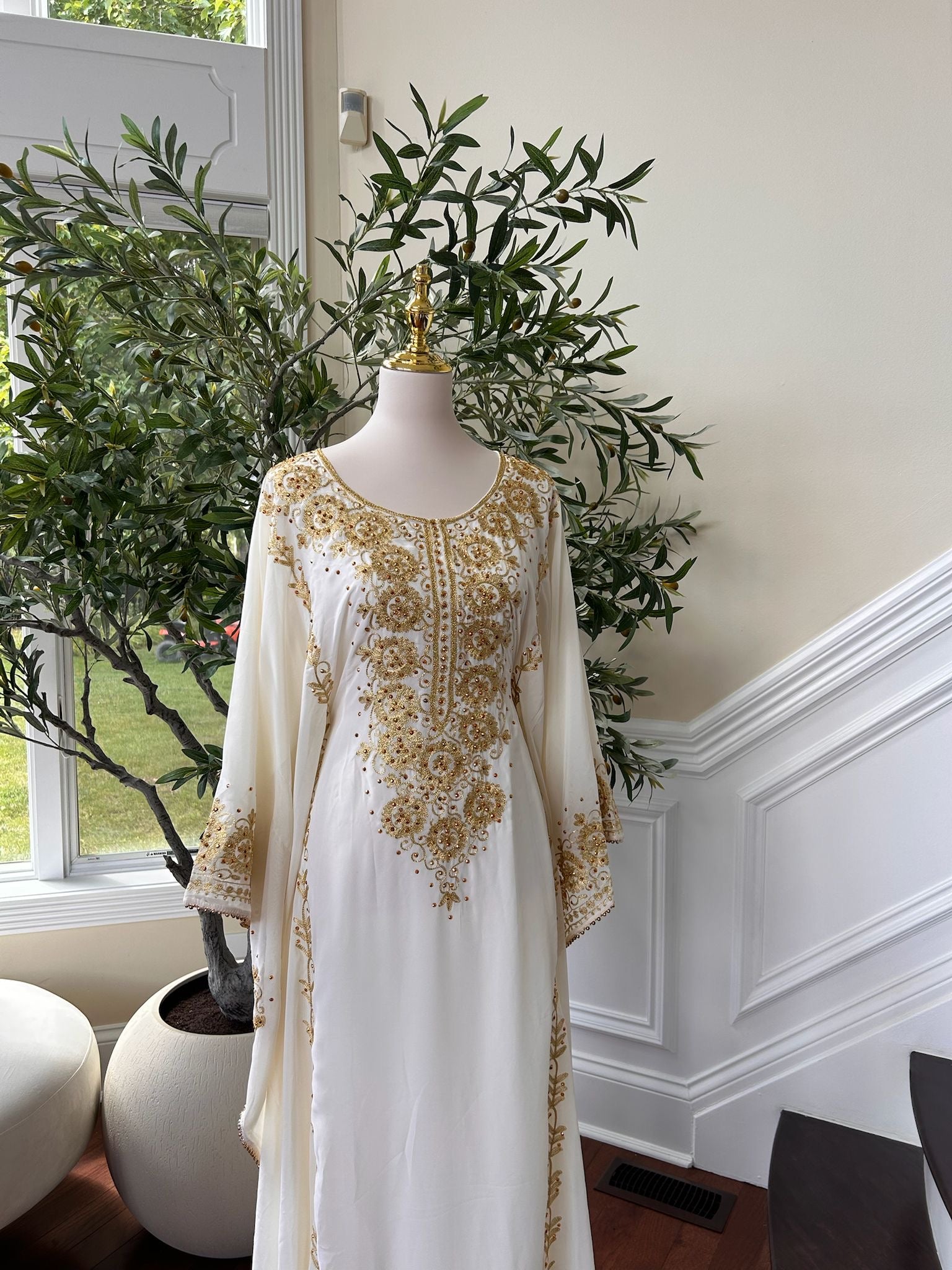Luxury White Kuftan Golden Detail Gown