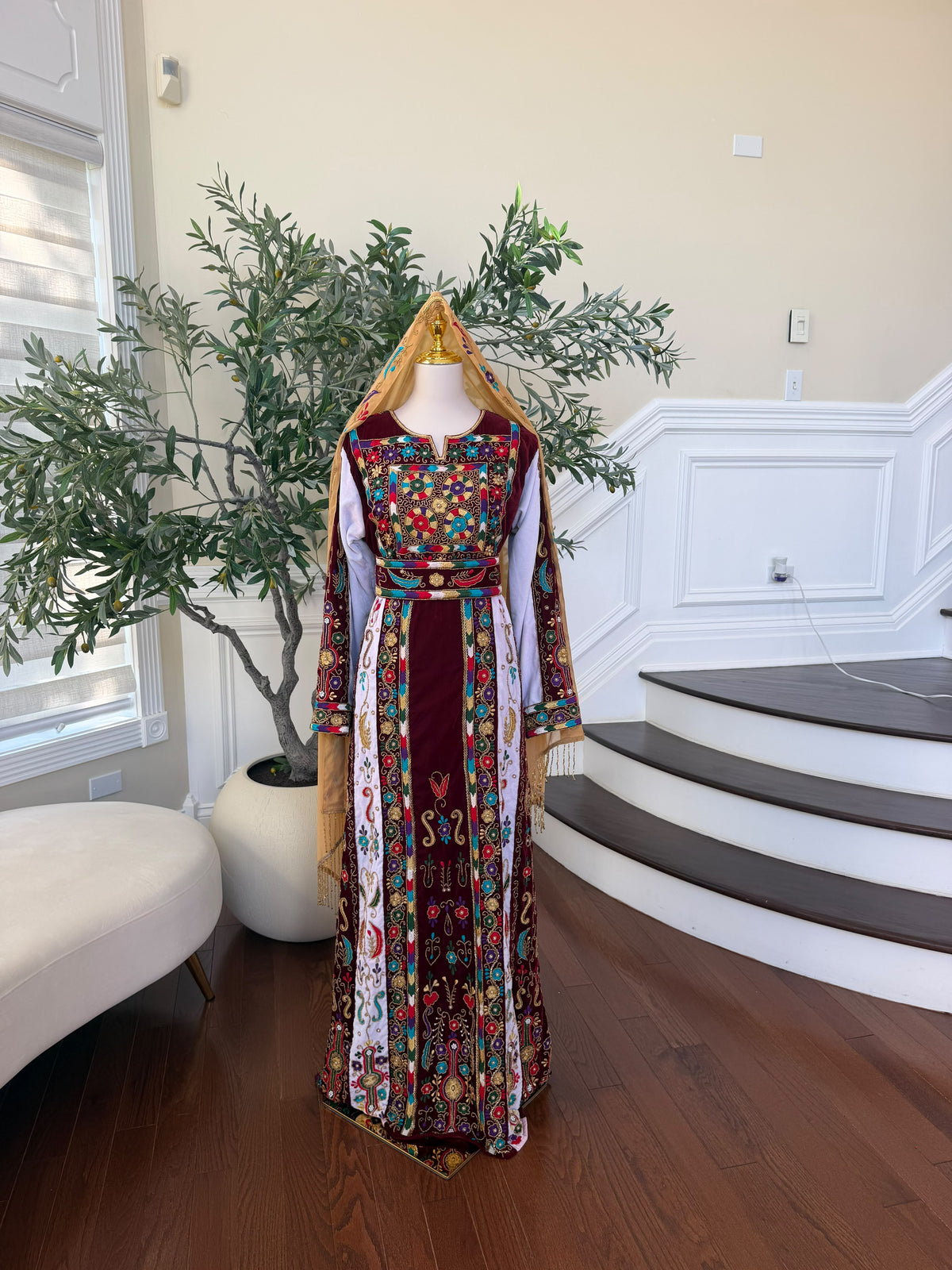 Elegant Burgundy Velvet Thobe with Colorful Embroidery and Matching Skirt included (scarf not included)
