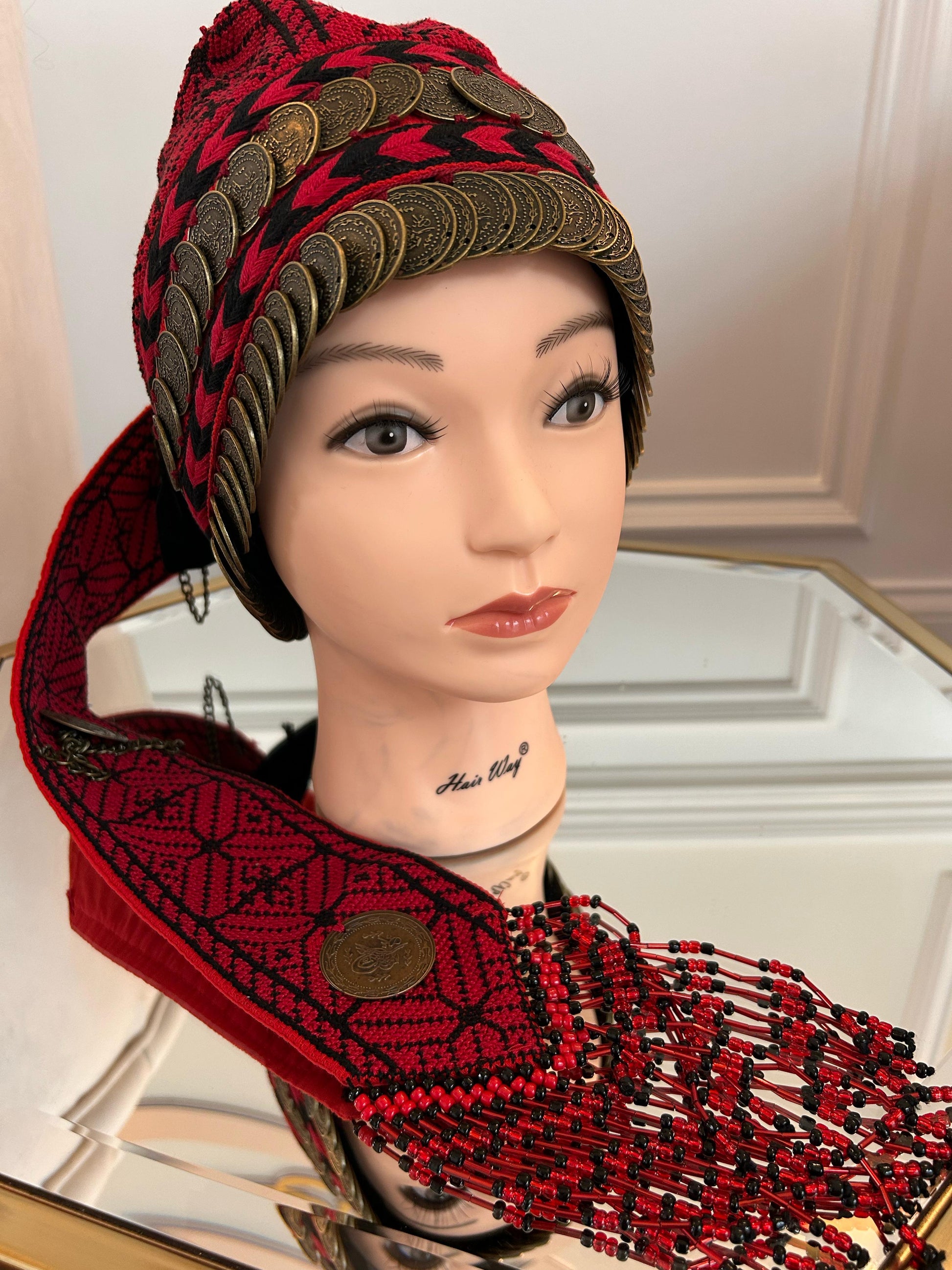 Red Tatreez Embroidery Coin Head Piece تطريز يدوي