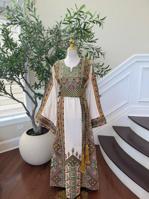 Olive Heritage: Off White Embroidered Tatreez Sabal Kharaz Thobe