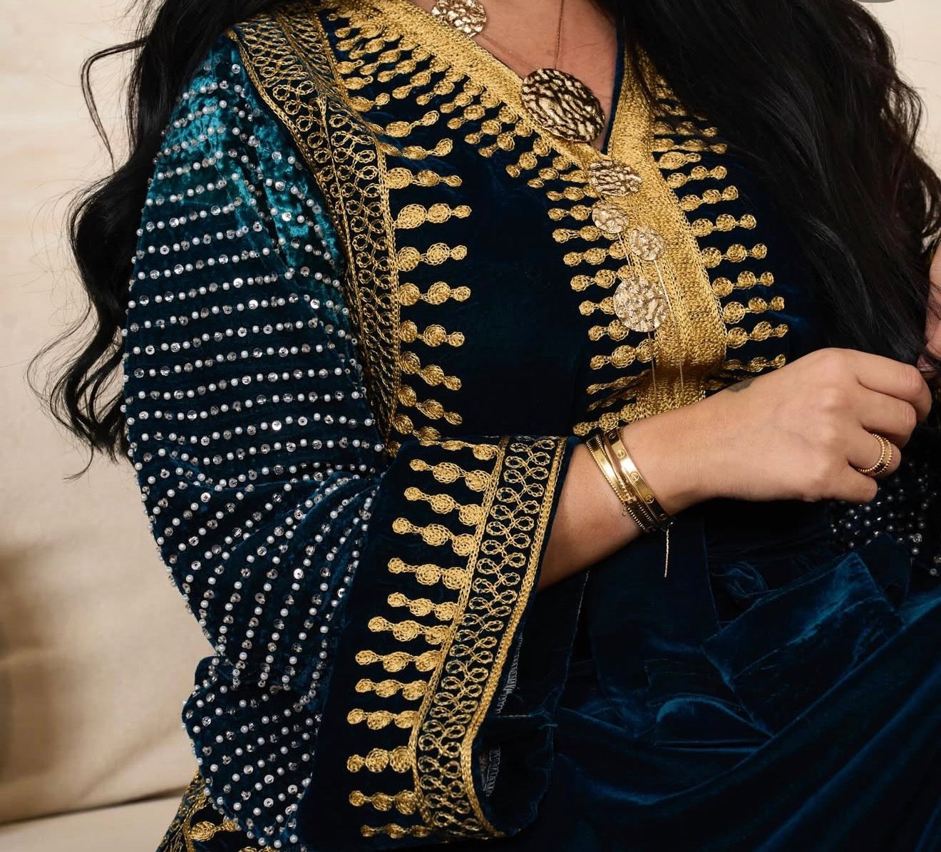 Navy Blue Velvet Celestial Gold Dress