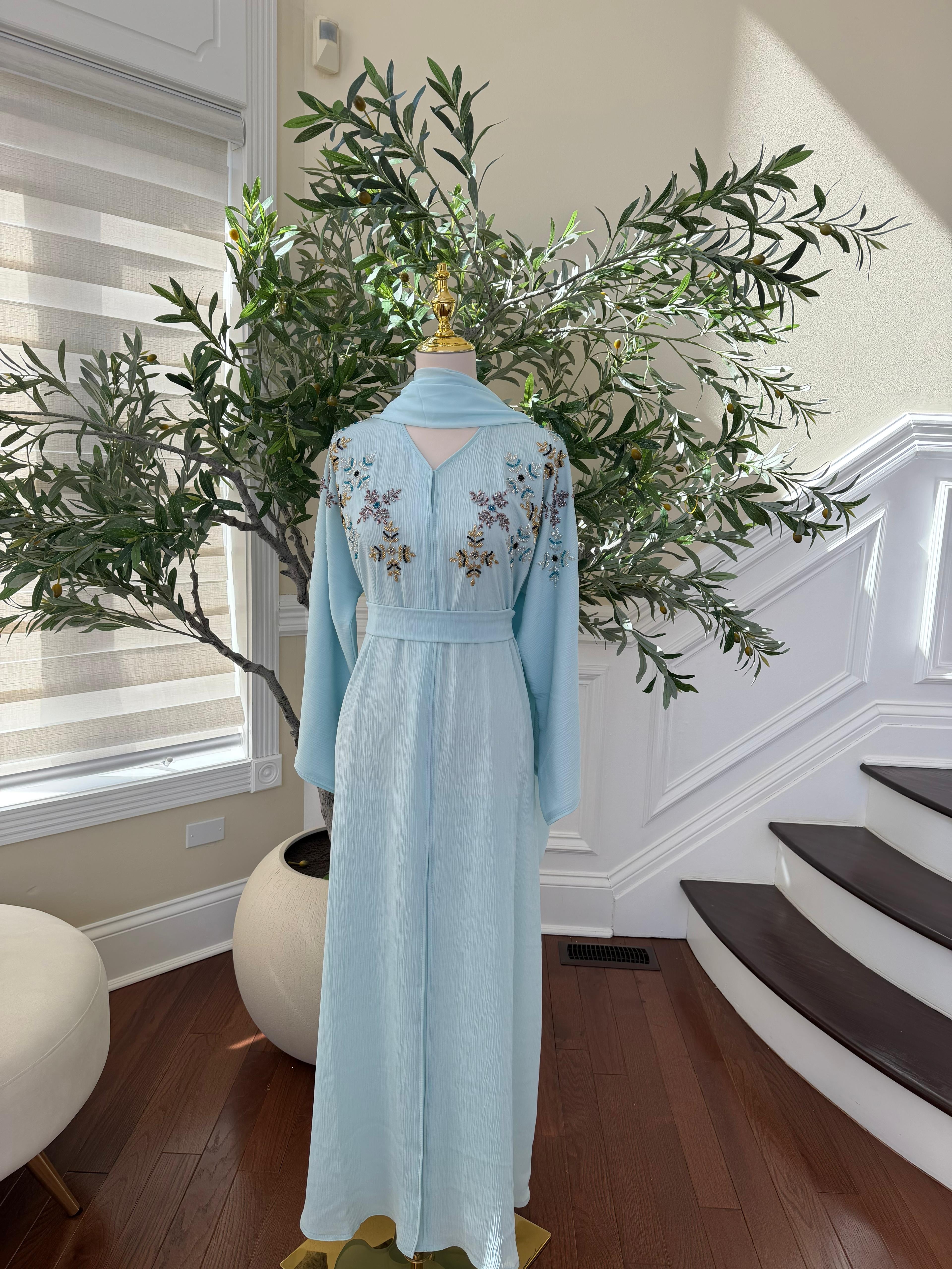 Baby Blue Floral Sequin Abaya