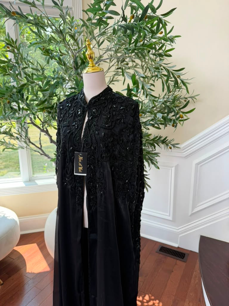 Black Beaded Elegance Cardigan Abaya