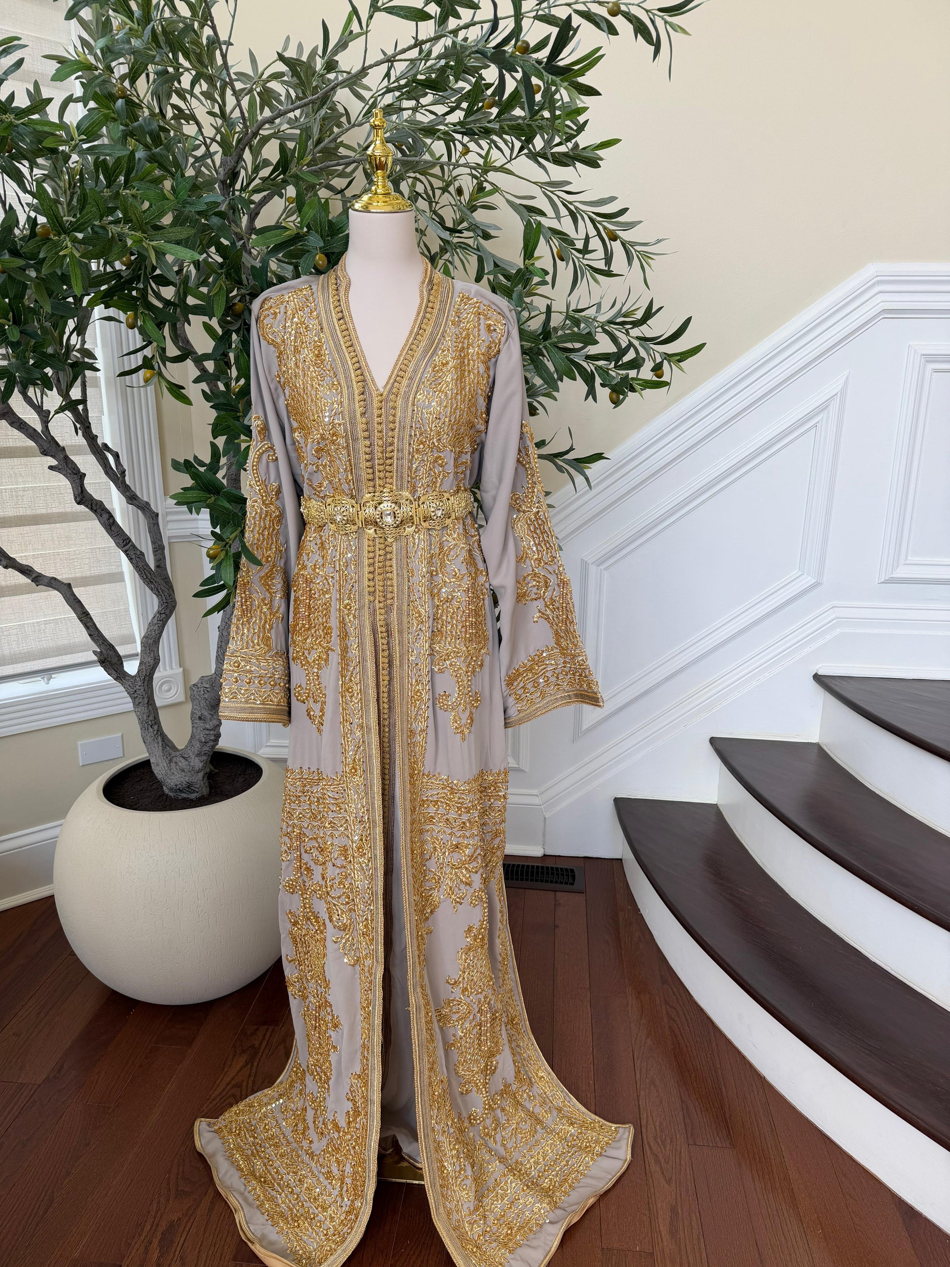 Golden Grey Beaded Elegance Kuftan