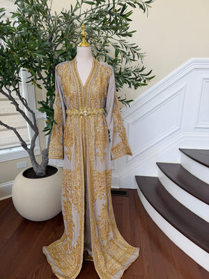 Golden Grey Beaded Elegance Kuftan