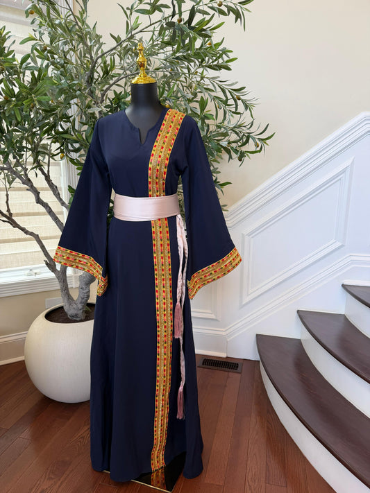 Navy Blue Embroidery Sabal Kharaz Thobe