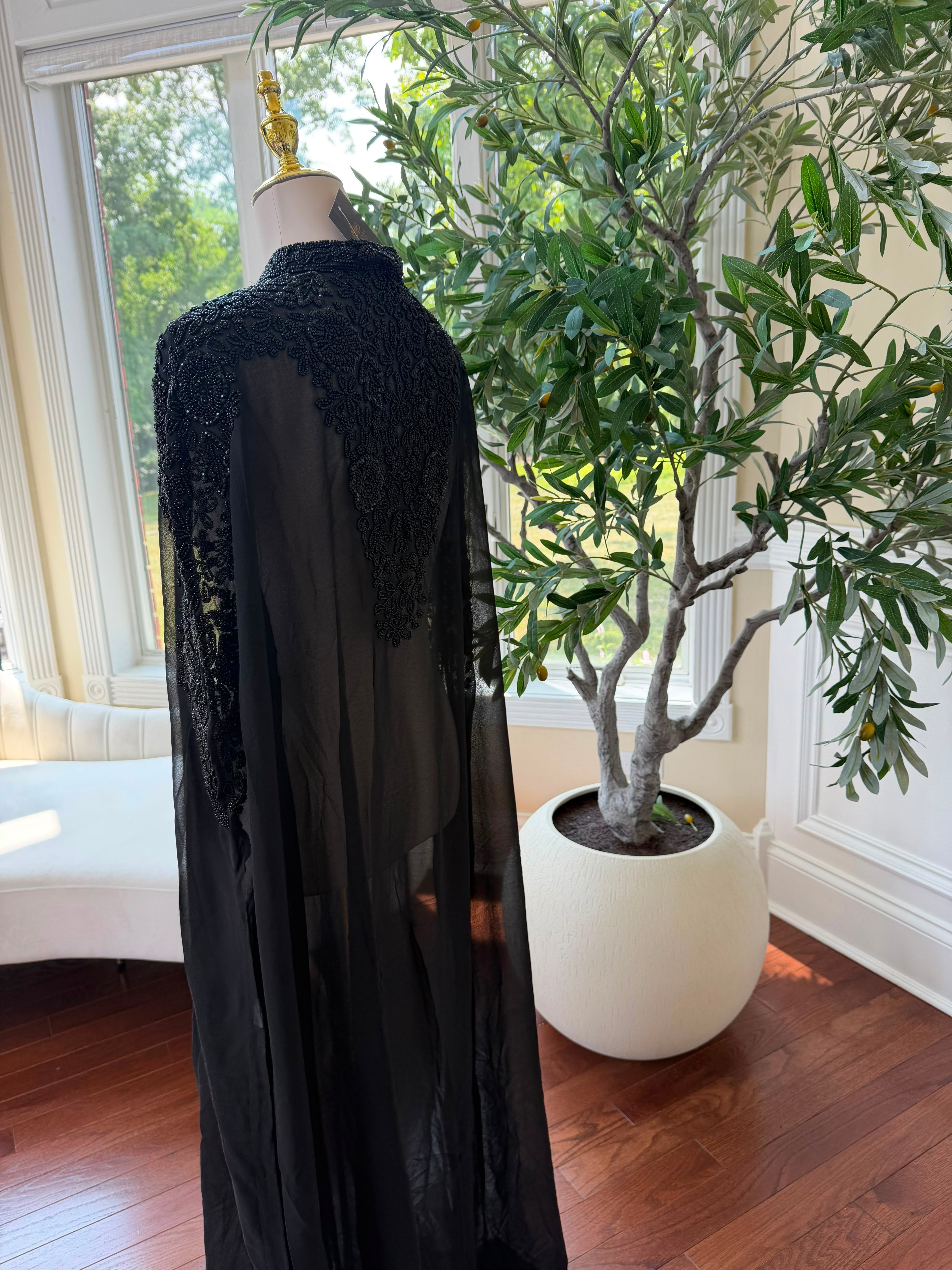 Black Beaded Elegance Charm Cardigan Abaya