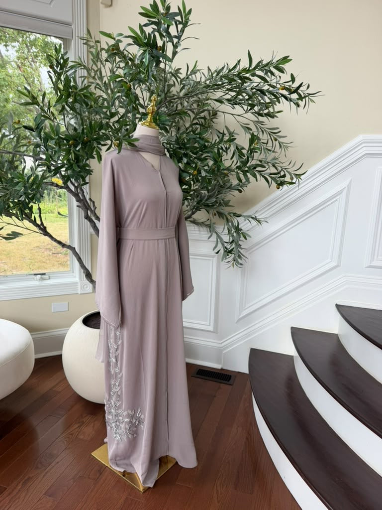 Tan Beaded Elegance Floral Abaya