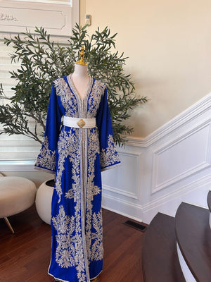 Royal Blue White Floral Detail Kuftan