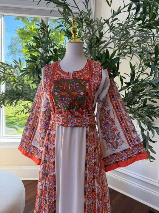Beige Embroidery Orange Tatreez Thobe
