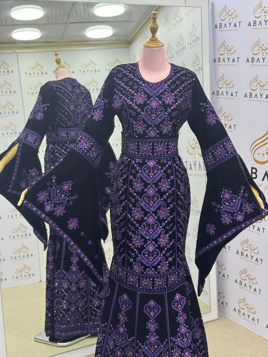 Black Velvet Palestinian Thobe – Purple Tatreez Embroidery with Belt A09042025