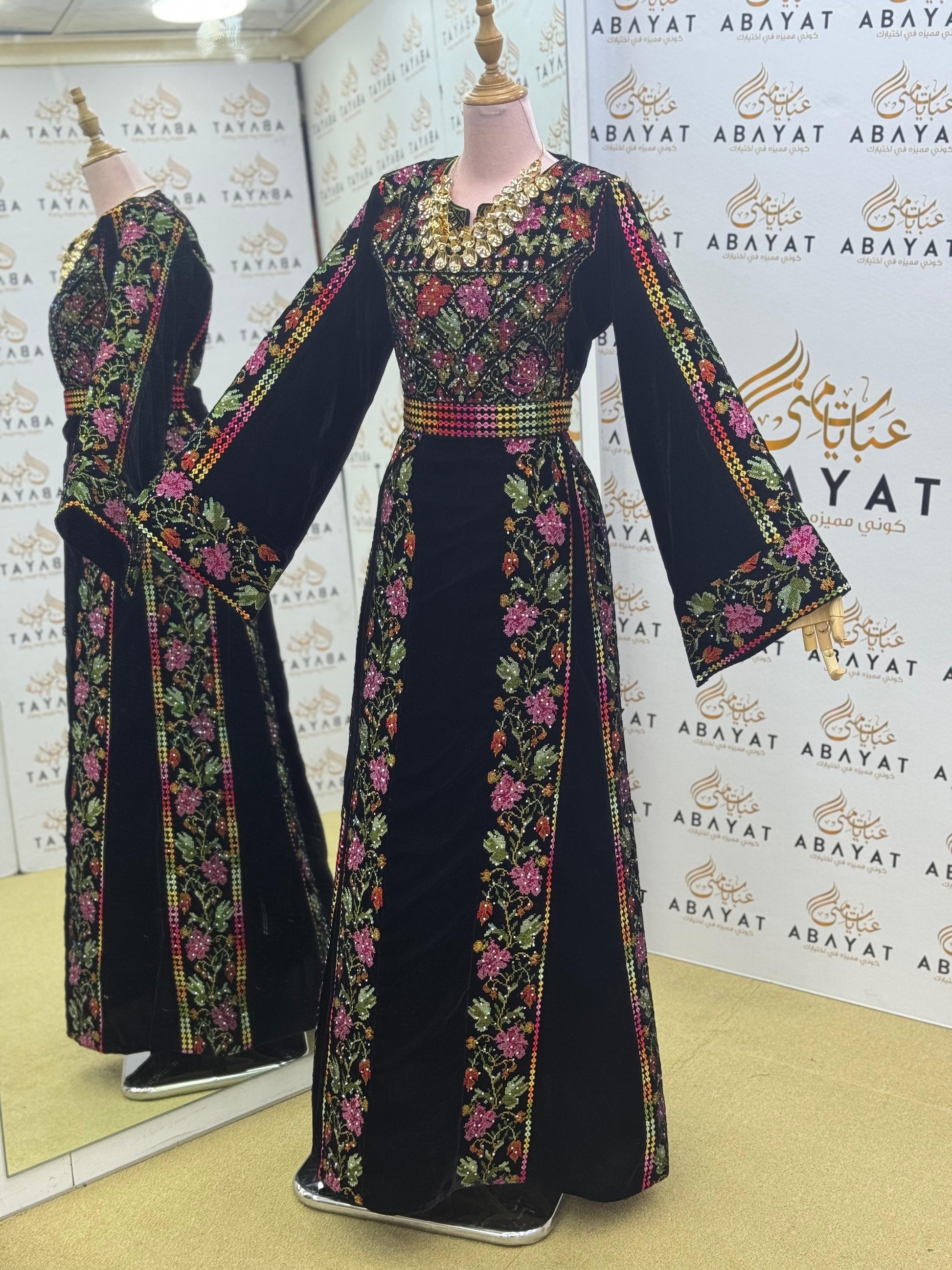 Luxury Black Velvet Thobe – Multicolor Floral Tatreez Design