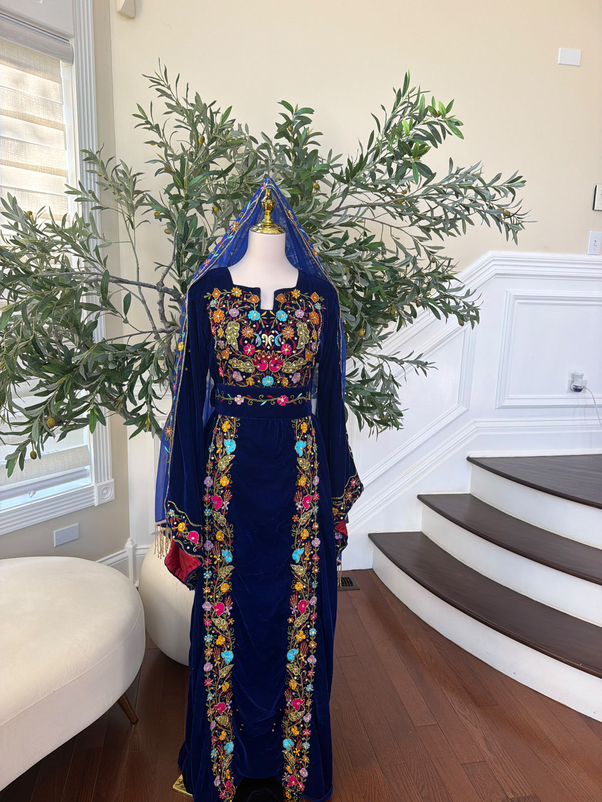 Midnight Blue Velvet Thobe with Intricate Multicolor Embroidery(scarf not included)