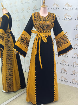 Black & Mustard Palestinian Thobe – Mixed Velvet and Fabric Design