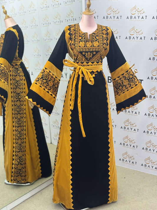 Black & Mustard Palestinian Thobe – Mixed Velvet and Fabric Design