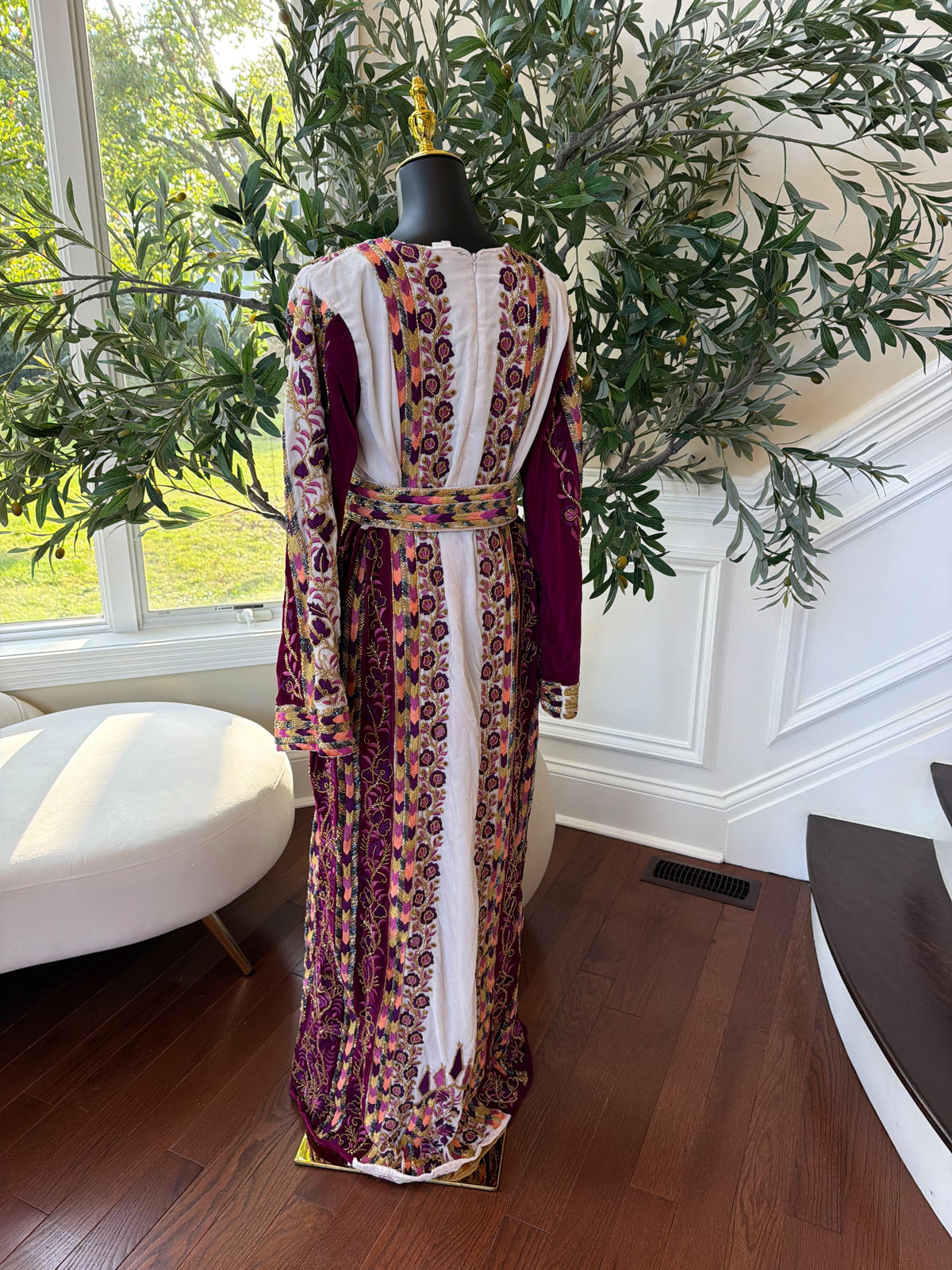 Elegant Purple and Cream Thobe with Intricate Floral Embroidery and Gold Accents (scarf not included)
