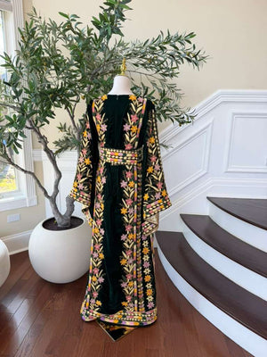 Velvet Green Embroidery Stone Beaded Thobe