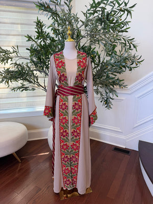 Tan Floral Embroidery Tatreez Thobe