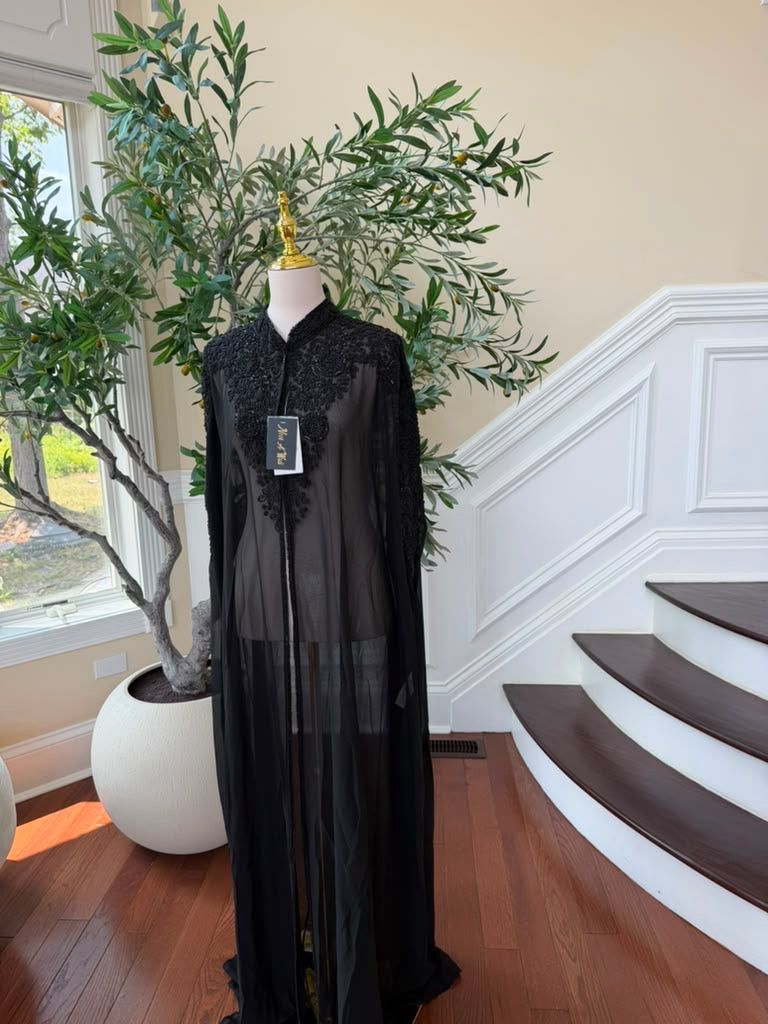 Black Beaded Elegance Charm Cardigan Abaya