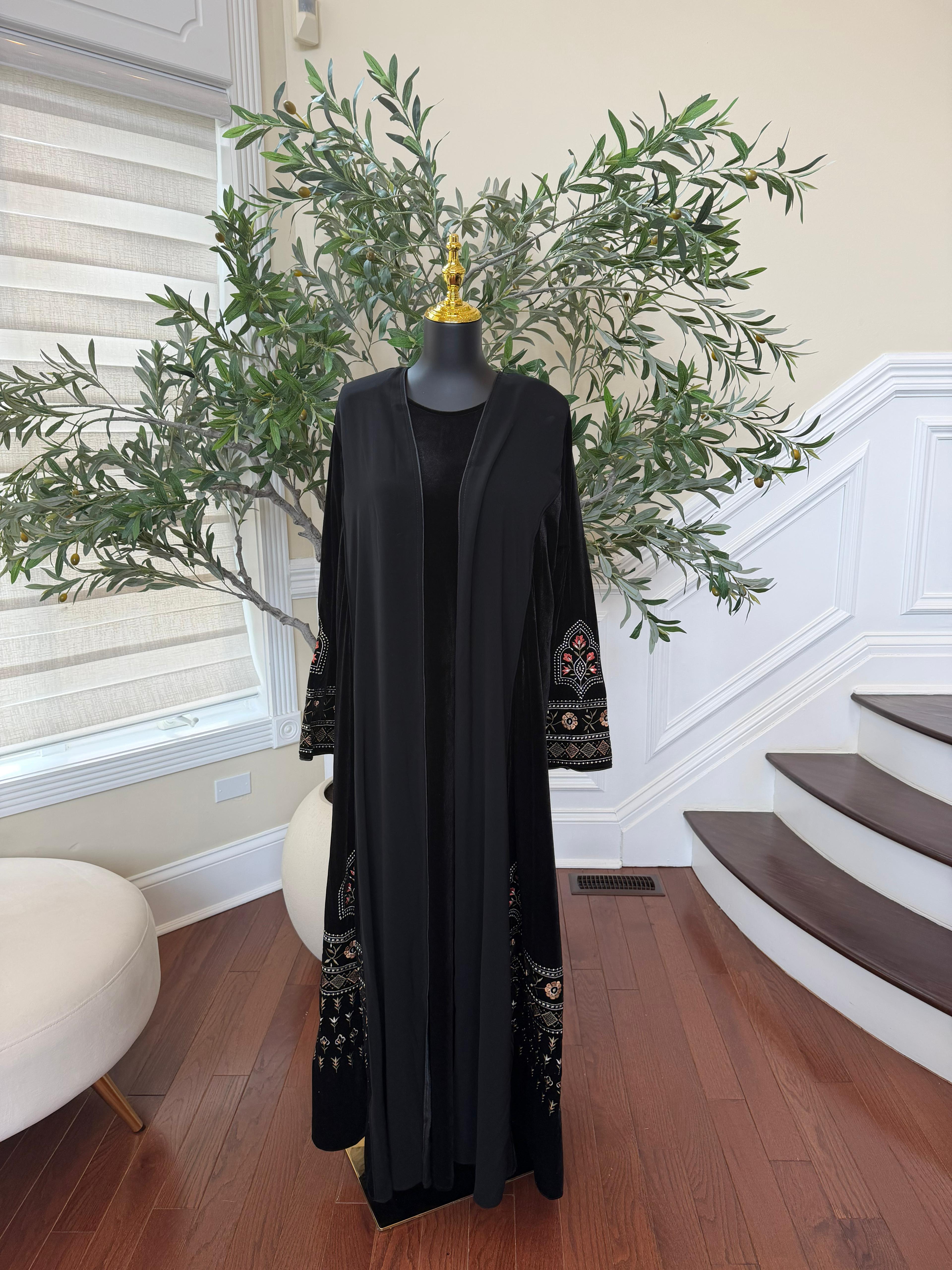Black Velvet with Chiffon Embroidery Elegance Abaya