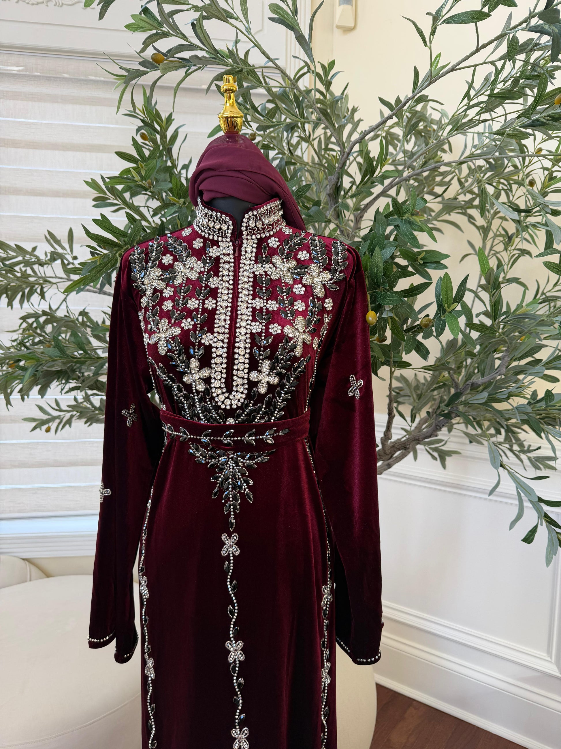 Burgundy Red Crystal Velvet Detailing Abaya