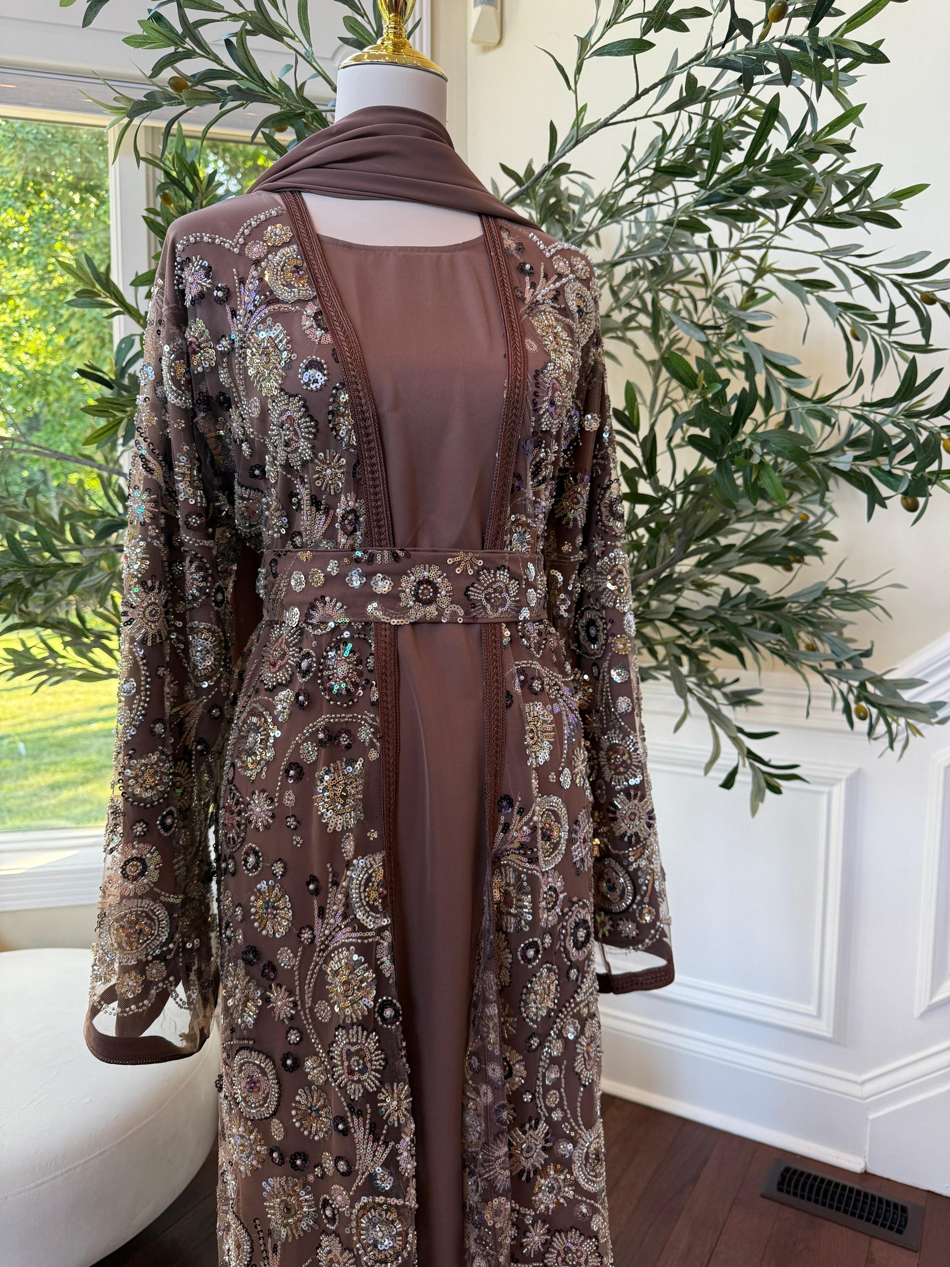 Mocha Crystal Sequin Abaya