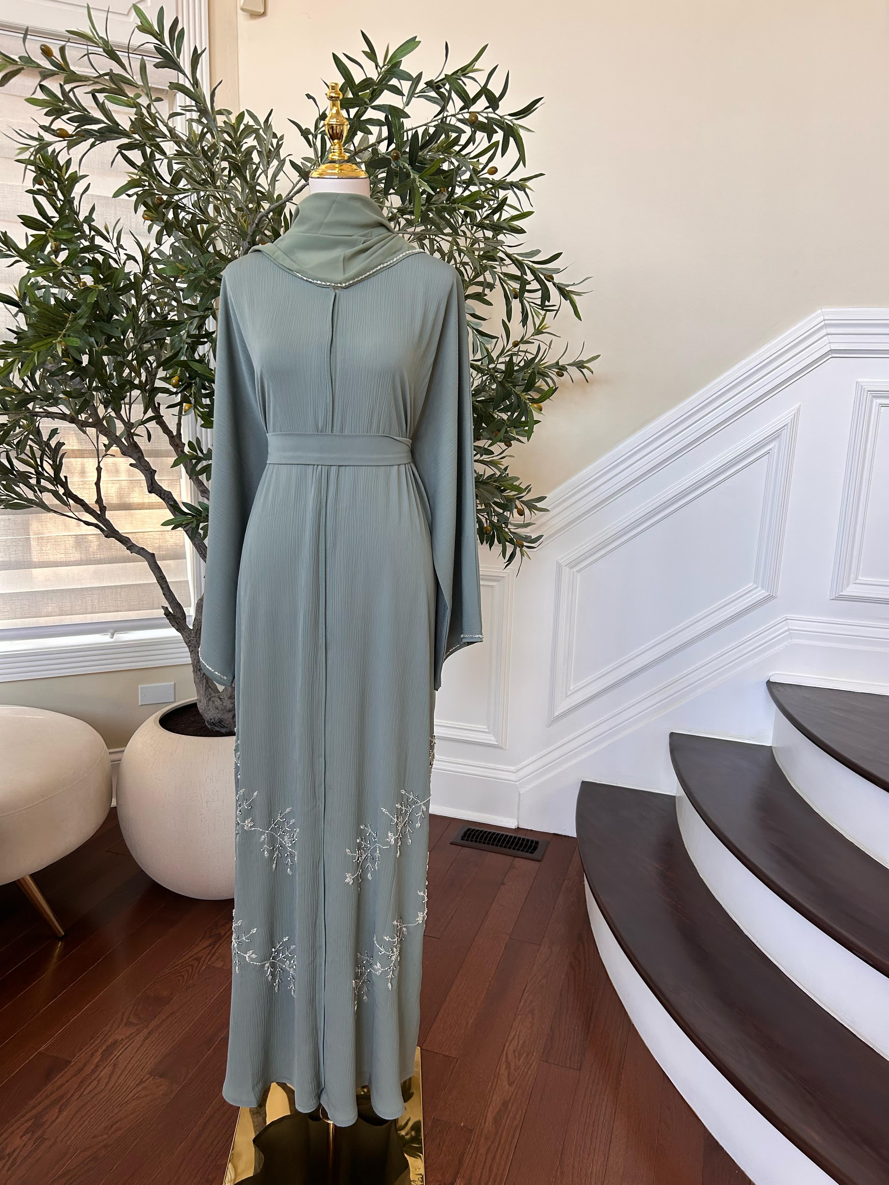 Mint Green Crystal Beaded Abaya