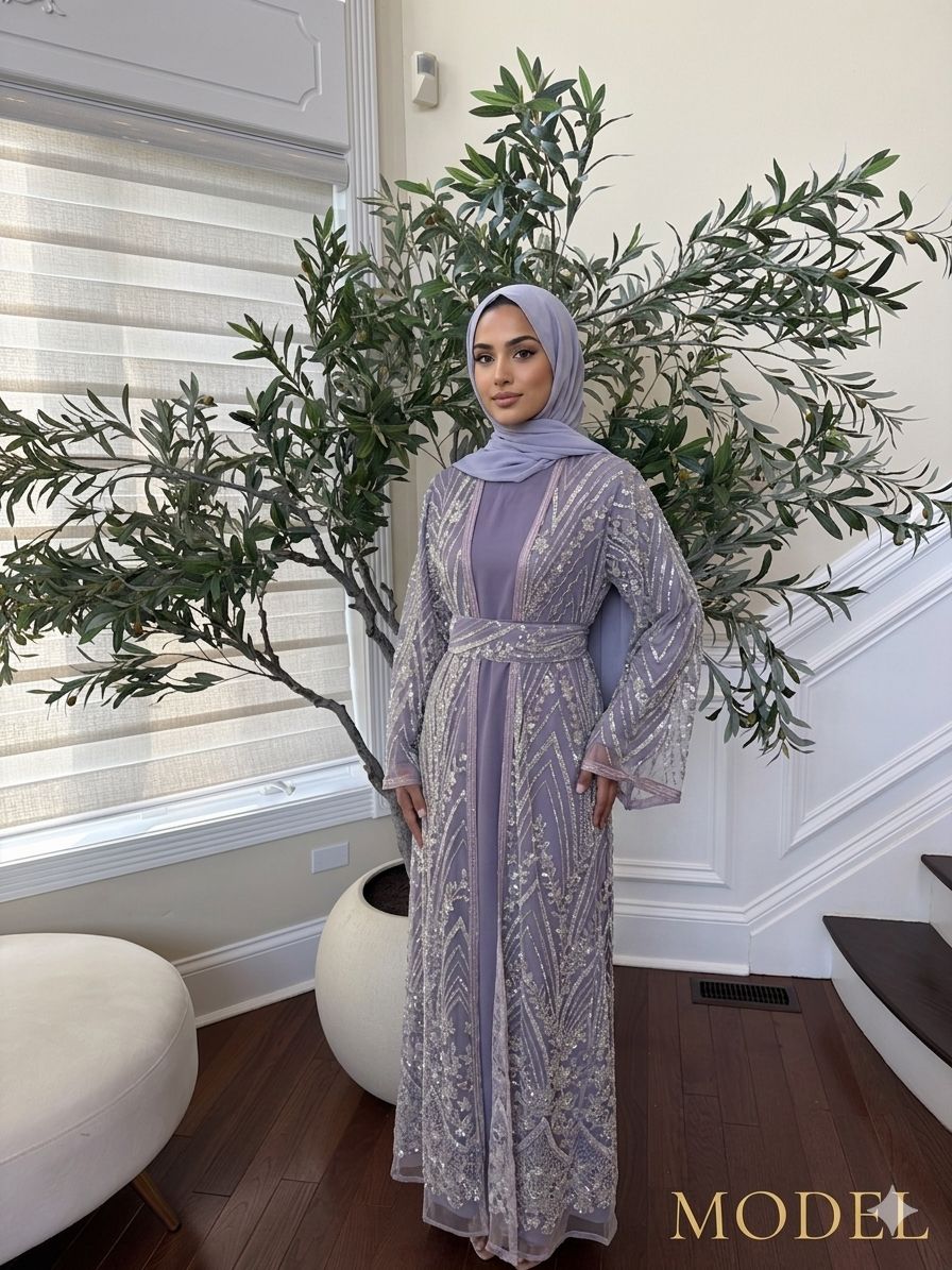 Lavender Sparkle Beaded Cardigan Abaya