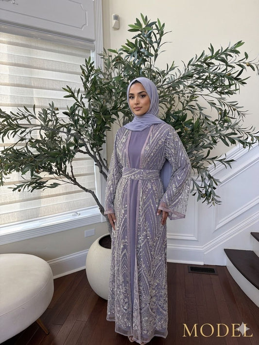 Lavender Sparkle Beaded Cardigan Abaya