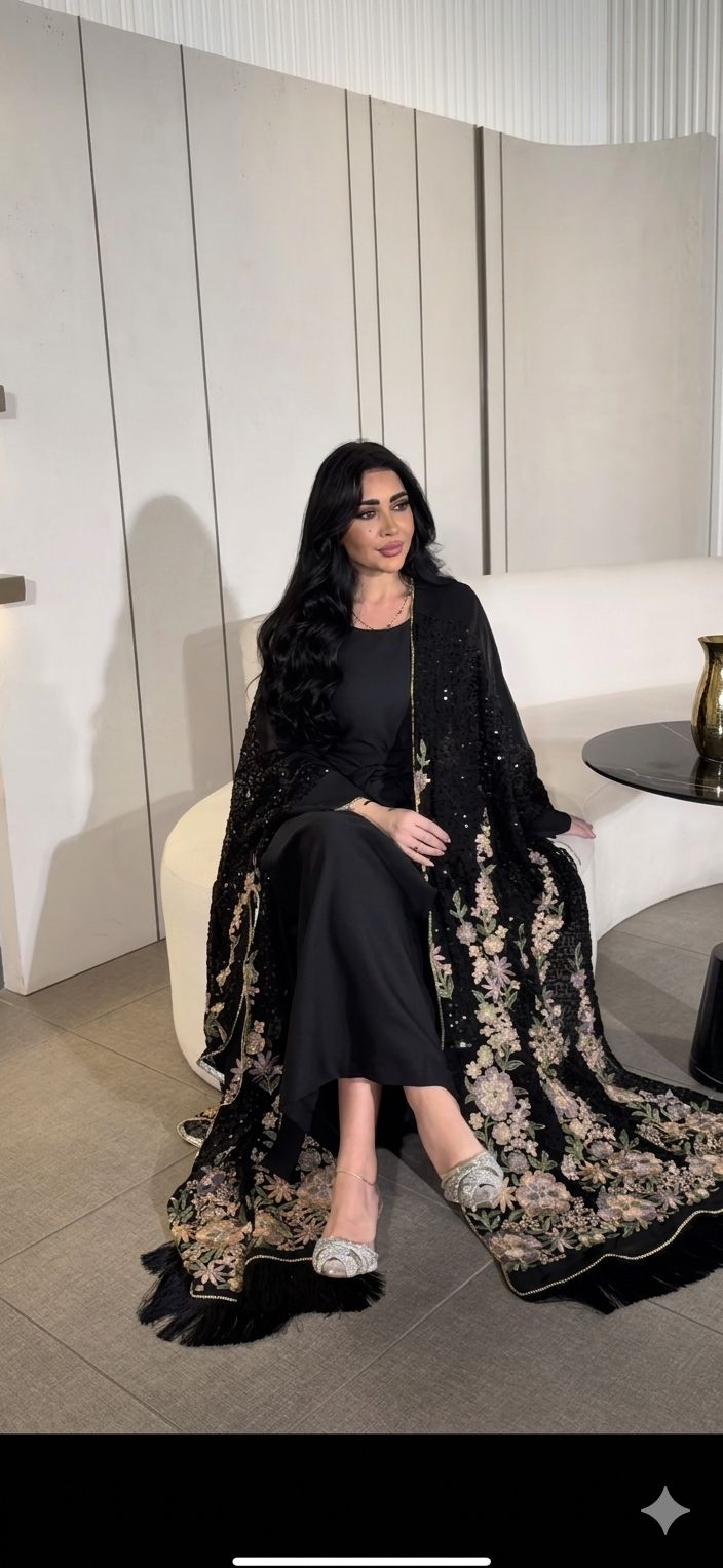 Black Sparkle Floral Abaya