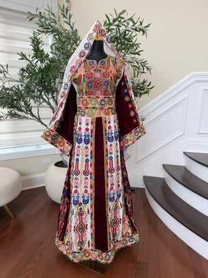 Velvet Maroon and White Traditional Tatreez Sabal Kharaz Detail Thobe