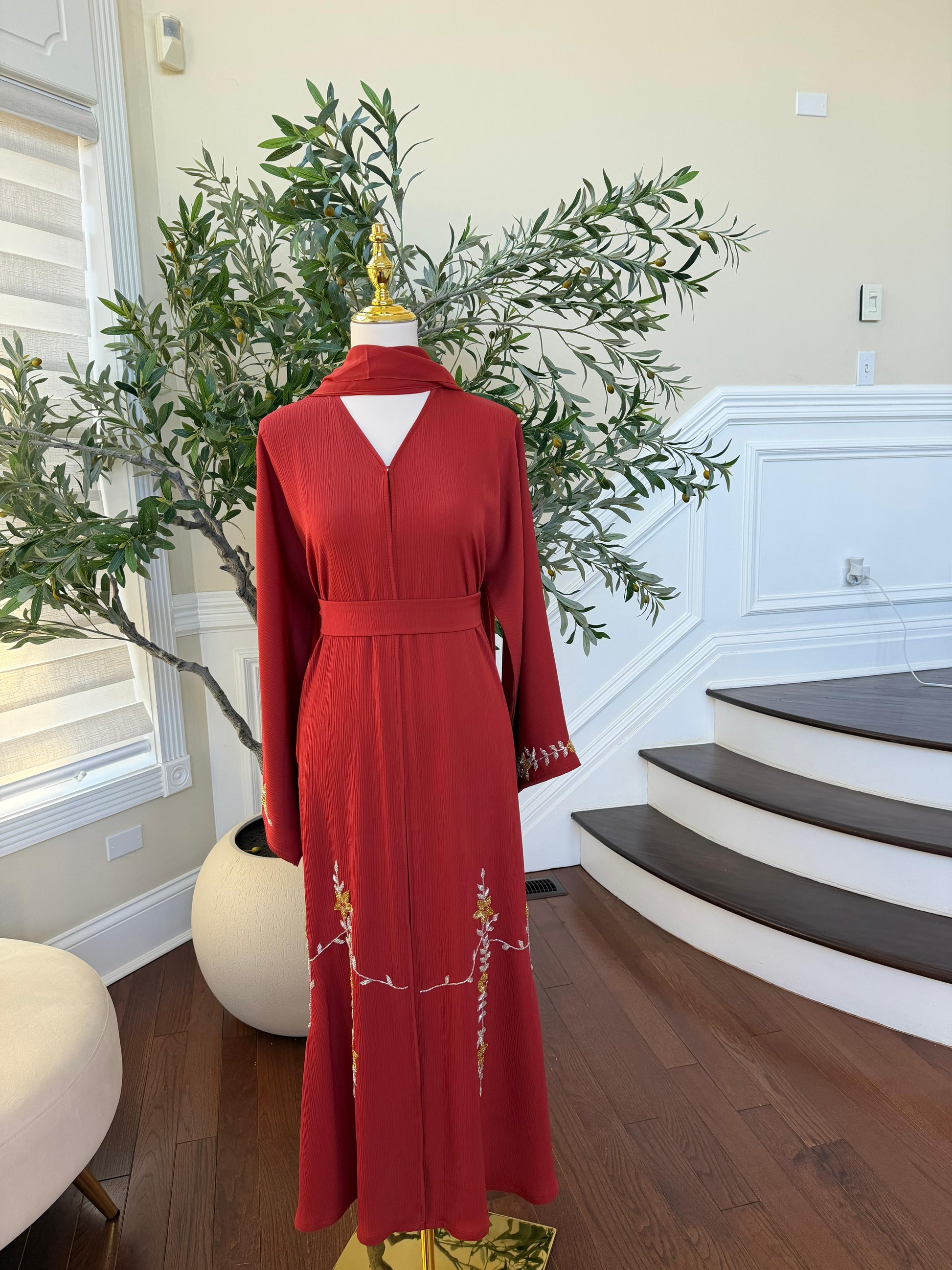 Orange Red Beaded Charm Abaya