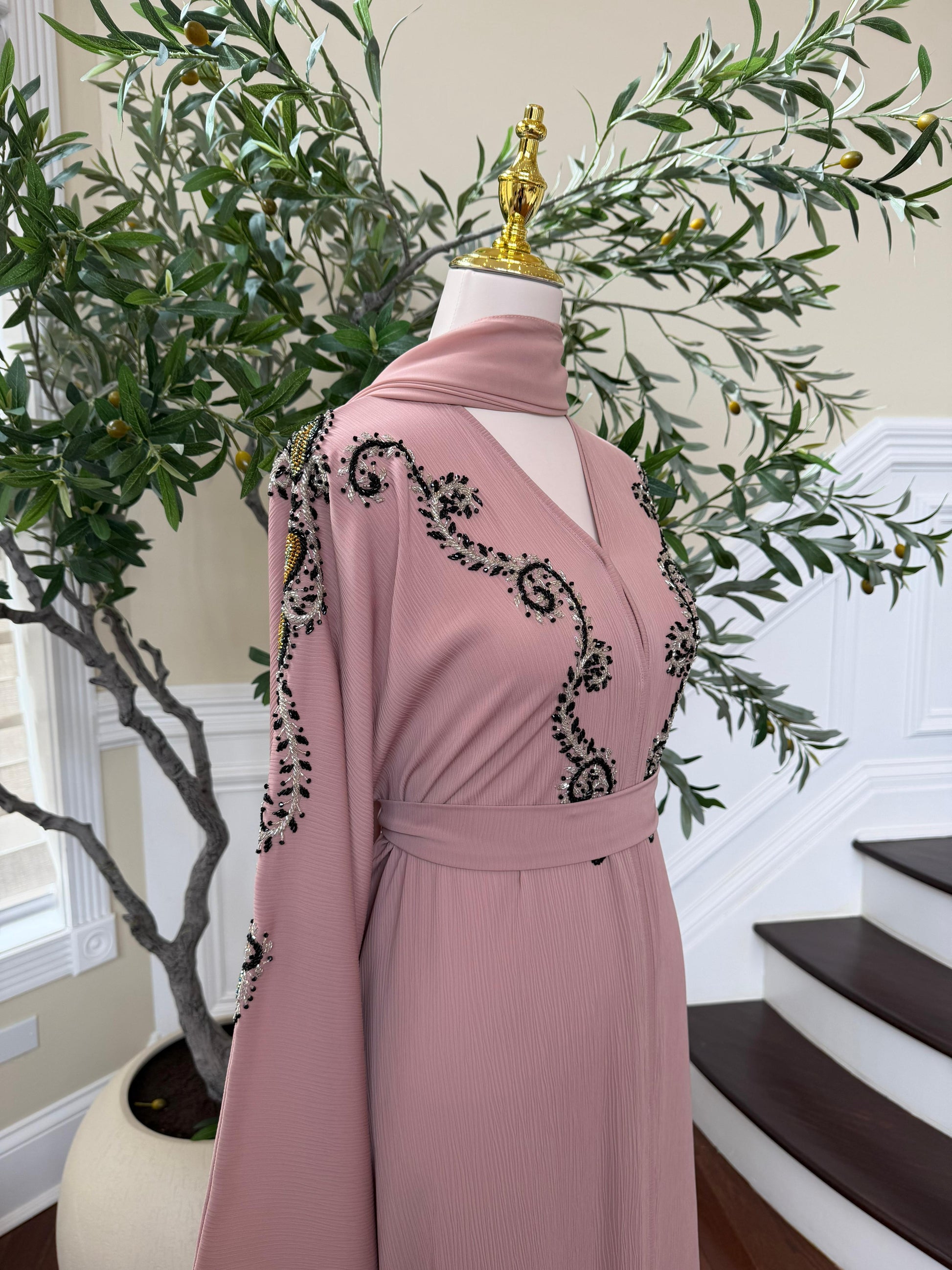 Peach Essence Black Beaded Abaya