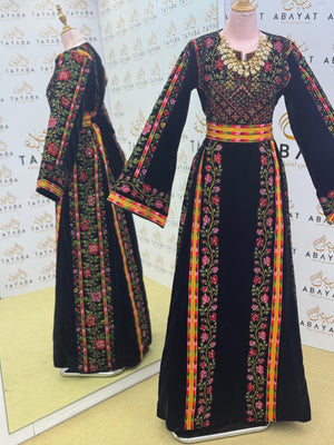 Royal Black Velvet Thobe – Wide Sleeves & Floral