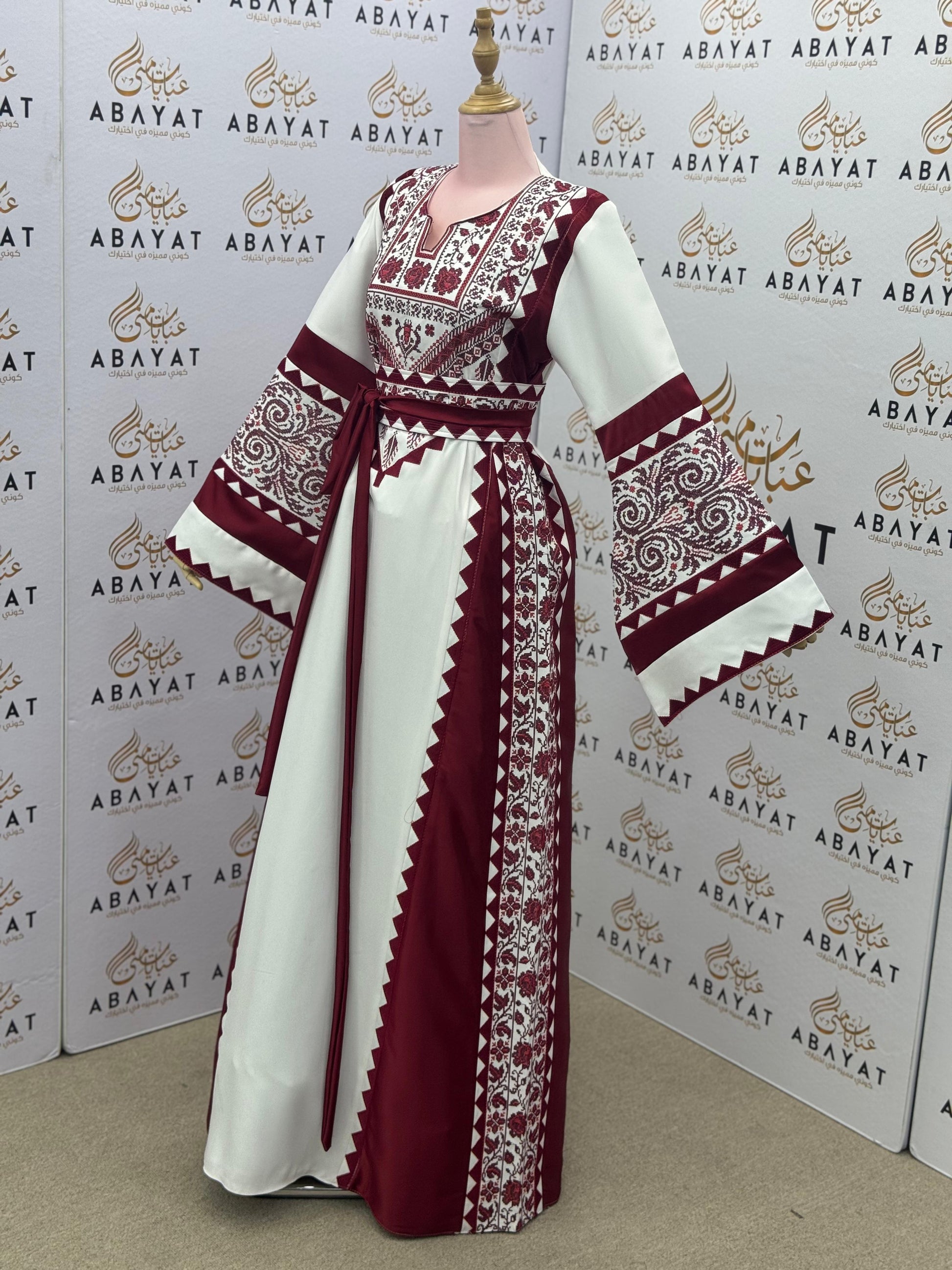 Burgundy & White Palestinian Embroidery Thobe – Traditional Elegance A09072025