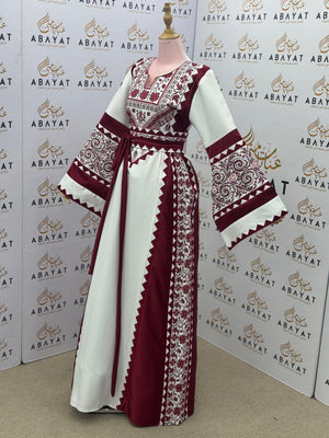 Burgundy & White Palestinian Embroidery Thobe – Traditional Elegance A09072025