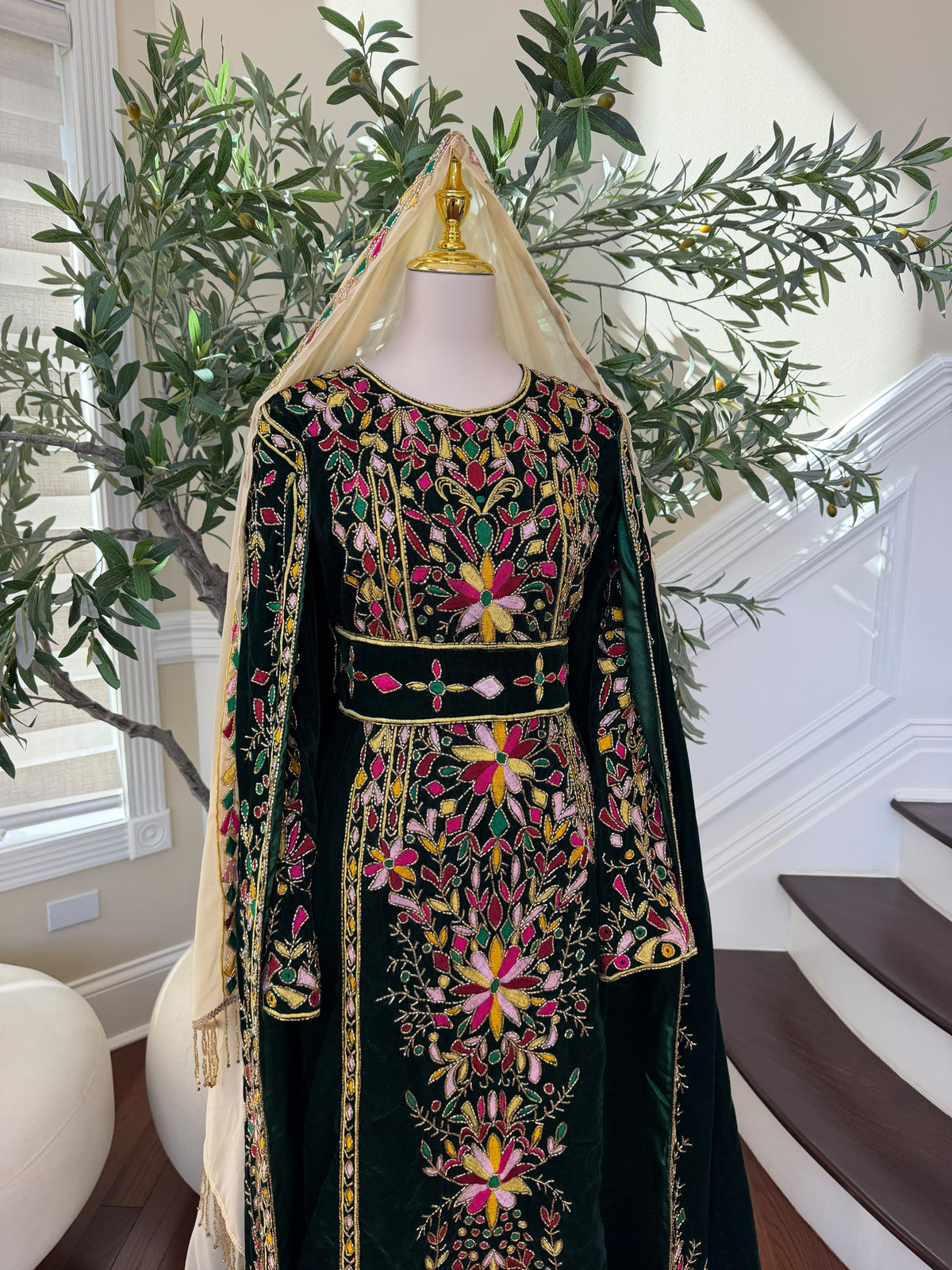 Elegant Black Palestinian Thobe with Colorful Floral Embroidery and Detachable Shoulder Cape (scarf not included)