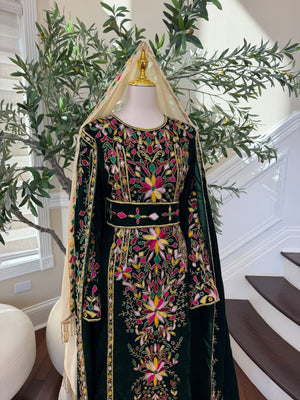 Elegant Black Palestinian Thobe with Colorful Floral Embroidery and Detachable Shoulder Cape (scarf not included)
